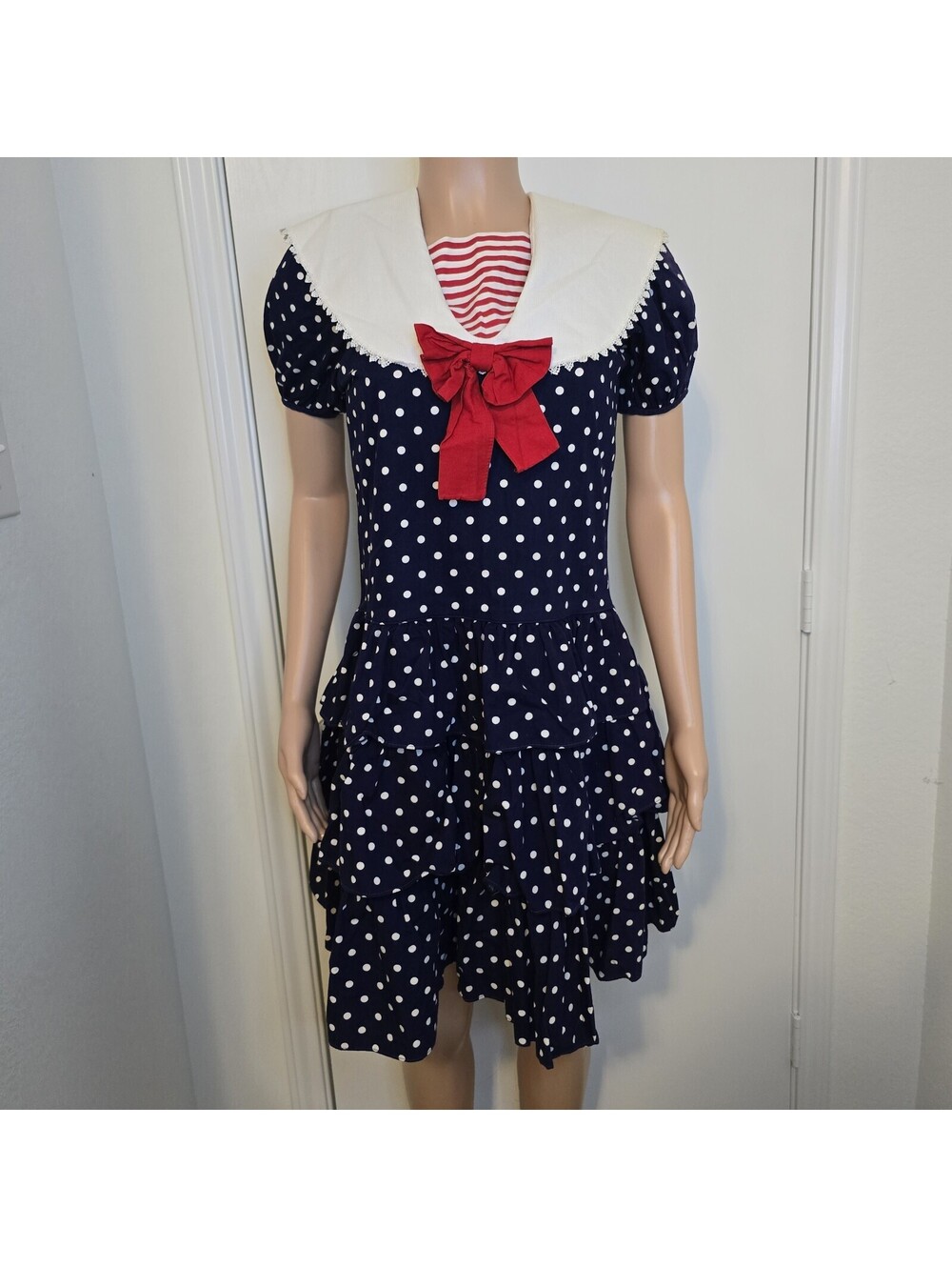 VTG 80s Women's S Sailor Dress Retro Nautical Ruffle Skirt Lace Collar Patriotic